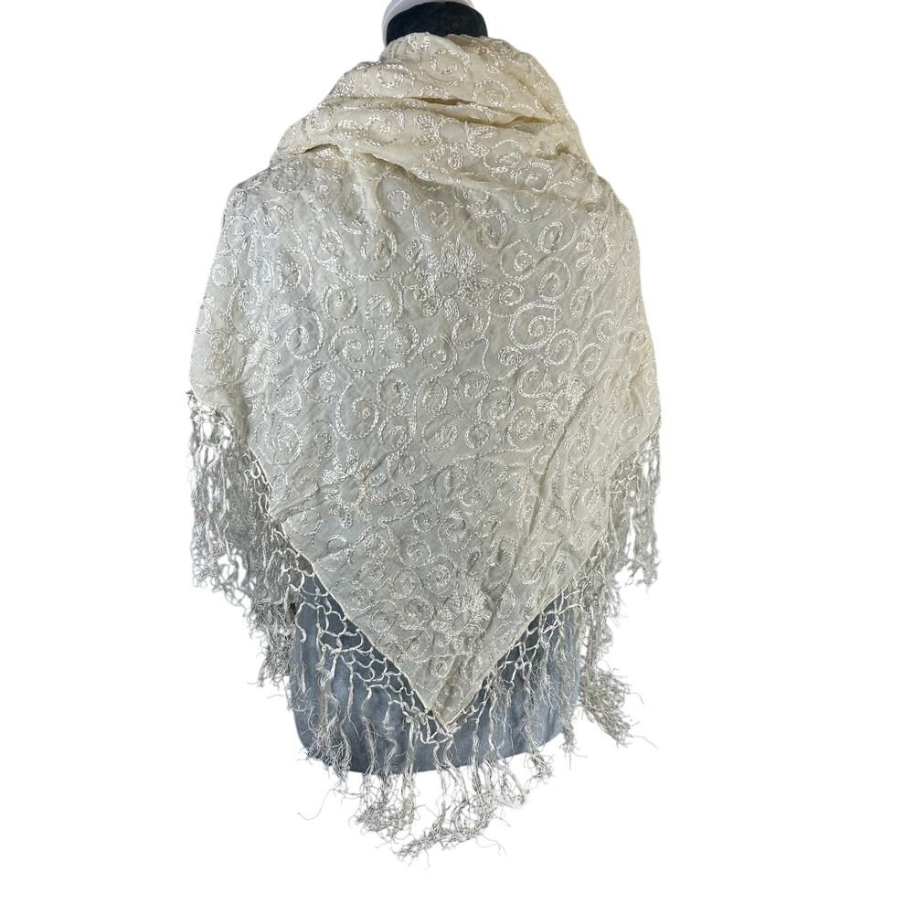 Vintage 90s Y2K Whimsygoth Neutrals0 OSFM Tassel Fringe- Swirls- 42x42"